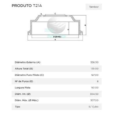 TAMBOR DE FREIO TRASEIRO FORD F250 E F350 DE 1990 EM DIANTE - MDS FREIOS T21A