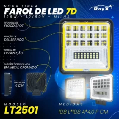 FAROL DE MILHA COM 42 LEDS 126W 7D MODELO ANGEL EYE OFF ROAD COM FUNÇÃO DRL BRANCO - RAYX LT2501