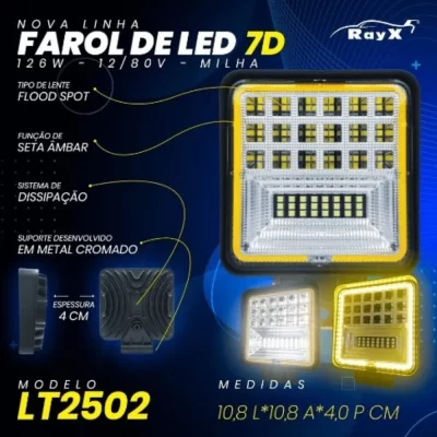 FAROL DE MILHA COM 42 LEDS 126W 7D MODELO ANGEL EYE OFF ROAD COM FUNÇÃO SETA AMBAR - RAYX LT2502