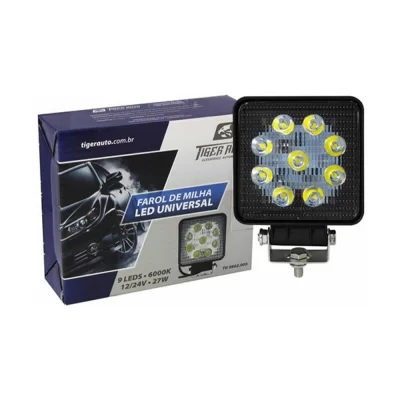 FAROL DE MILHA COM 9 LEDS UNIVERSAL 27W MODELO QUADRADO COM FUNÇÃO DRL BRANCO - TIGER TG0802005