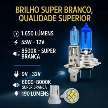 Kit 6 Lâmpadas Super Branca  8500K  H7 + H1 + T10
