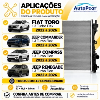 RADIADOR FIAT/JEEP TORO/RENEGADE/COMPASS/COMMANDER 1.3 FLEX 2022/...