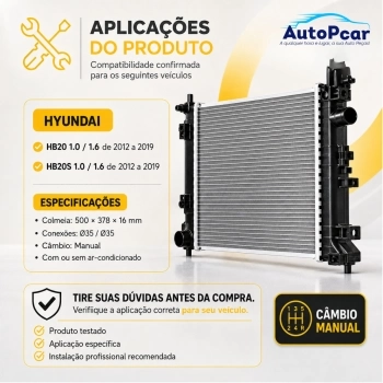 RADIADOR ALUMINIO HYUNDAI HB20 1.0/1.6 12/16V 12/ (MANUAL)